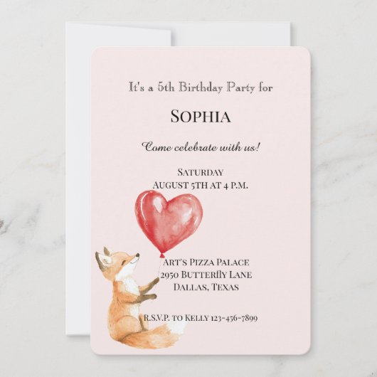 赤面ピンクキュートウッドランドキツネ赤いハート誕生日 招待状 (正面)