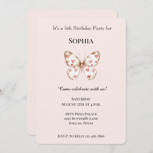 赤面ピンクキュートバタフライ赤いハート誕生日 招待状 (正面/裏面)