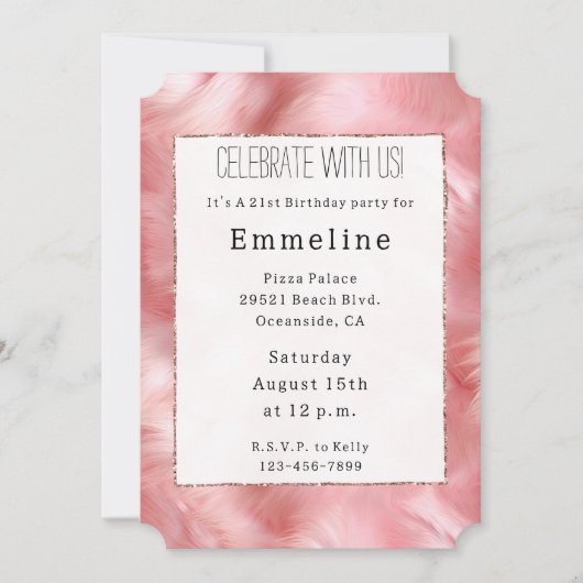 赤面ピンクキラキラ輝くピンクの毛皮 招待状 (正面)