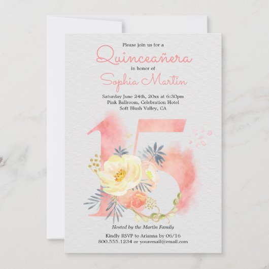 赤面ピンクキンセアニェラフローラナンバー15誕生日 招待状 (正面)