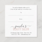 赤面ピンクギフト証明書美しいサロンスクリプト 割引カード (裏面)