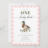 赤面ピンクギンガムワンラッキーアヒル1歳 招待状 (正面)