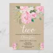 赤面ピンククラフト2歳の誕生日フローラ 招待状 (正面/裏面)