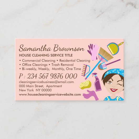 赤面ピンククリーニング清掃の清掃メイドハウスキーピング 名刺 (正面)