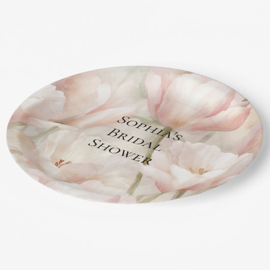 赤面ピンククリームチューリップフラワーズブライダルシャワー ペーパープレート (アングル)