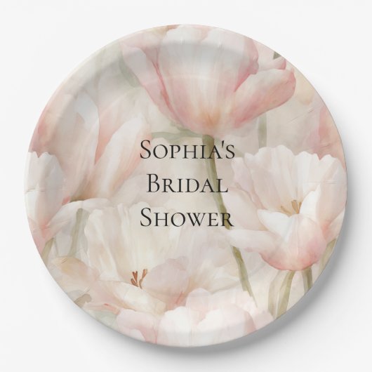 赤面ピンククリームチューリップフラワーズブライダルシャワー ペーパープレート (正面)