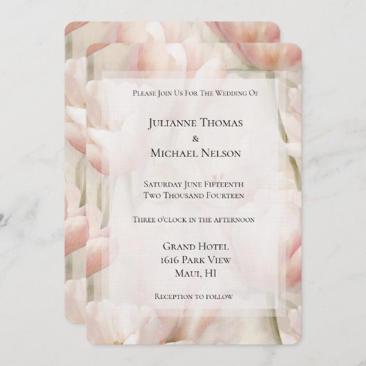 赤面ピンククリームチューリップフラワーロマンチック結婚ズ 招待状 (正面/裏面)