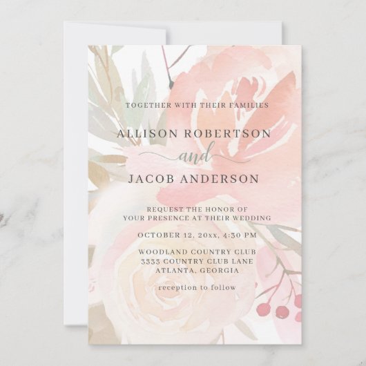 赤面ピンククリームピーチセージグリーン結婚ズ 招待状 (正面)