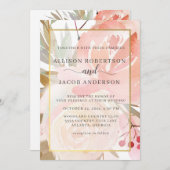 赤面ピンククリームピーチセージグリーン結婚金ゴールド 招待状 (正面/裏面)