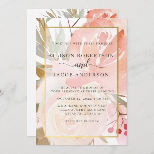 赤面ピンククリームピーチセージグリーン結婚金ゴールド 招待状 (正面/裏面)