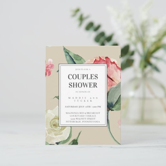 赤面ピンククリームフラワーズウォーター色ブライダルシャワー ポストカード (スタンド正面)