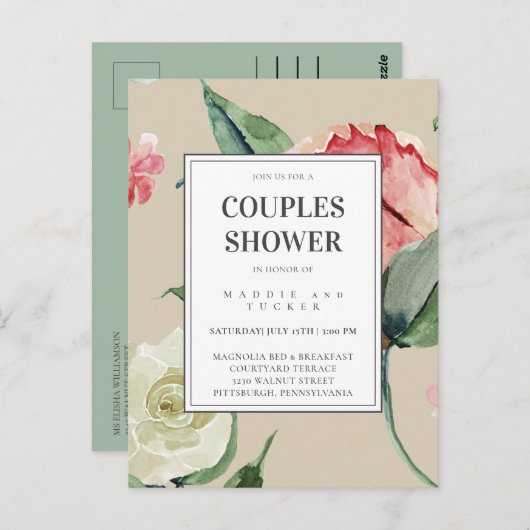 赤面ピンククリームフラワーズウォーター色ブライダルシャワー ポストカード (正面/裏面)