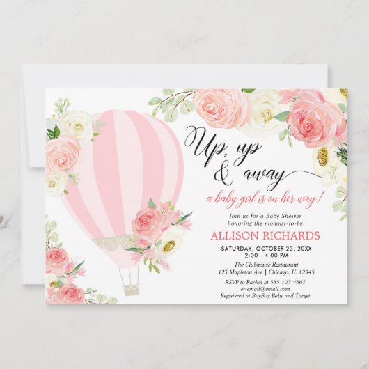 赤面ピンククリームホットエアバルーンガールベビーシャワー 招待状 (正面)