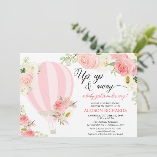 赤面ピンククリームホットエアバルーンガールベビーシャワー 招待状 (スタンド正面)