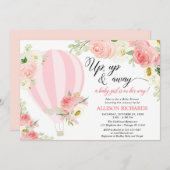 赤面ピンククリームホットエアバルーンガールベビーシャワー 招待状 (正面/裏面)
