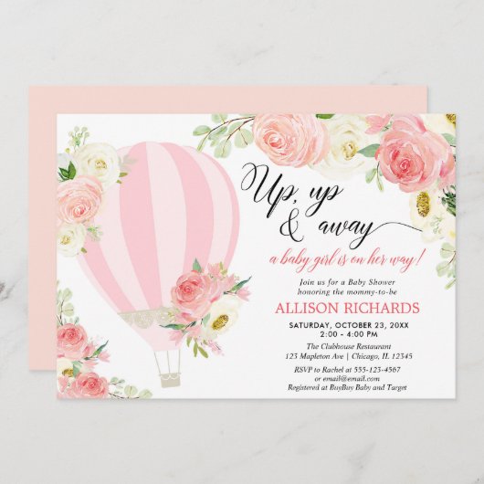 赤面ピンククリームホットエアバルーンガールベビーシャワー 招待状 (正面/裏面)