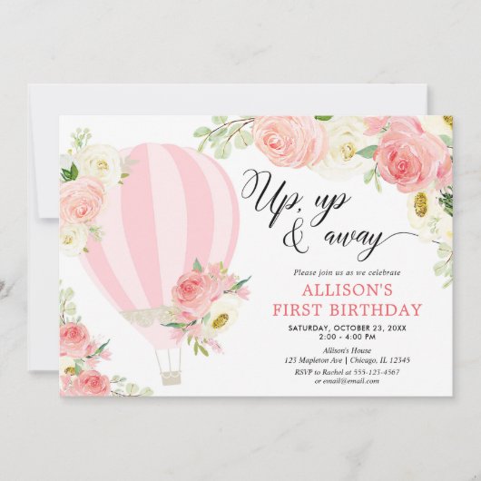 赤面ピンククリームホットエアバルーンガール誕生日 招待状 (正面)
