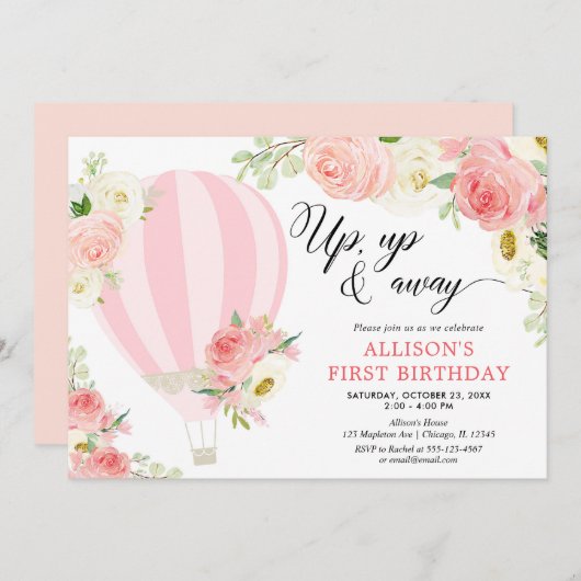 赤面ピンククリームホットエアバルーンガール誕生日 招待状 (正面/裏面)