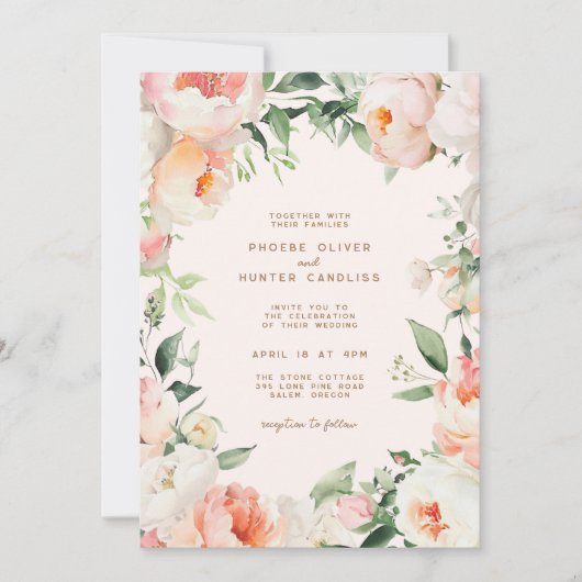 赤面ピンククリーム牡丹フローラ緑結婚色 招待状 (正面)