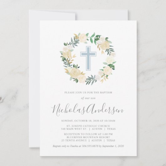 赤面ピンククロス(クリーム花模様付き)、少年洗礼 招待状 (正面)