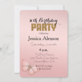 赤面ピンクグラデーションバタフライ金ゴールドグリッター 招待状 (正面)