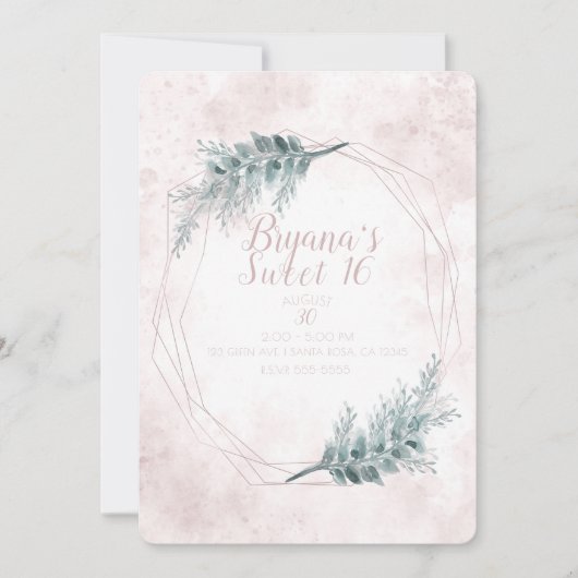 赤面ピンクグラムジオメトリックボタニカルスイート16パーティー 招待状 (正面)