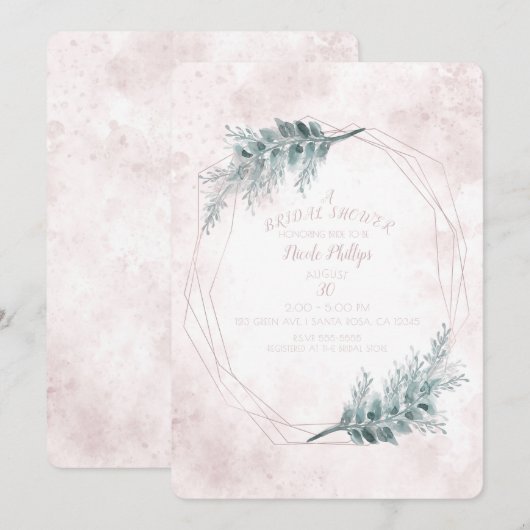 赤面ピンクグラム幾何学植物ブライダルシャワー 招待状 (正面/裏面)