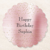 赤面ピンクグラム金ゴールドスパークル紙吹雪誕生日 ペーパーコースター (正面)