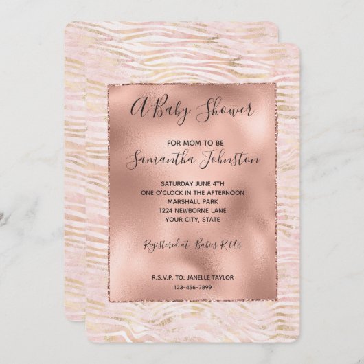 赤面ピンクグラム金ゴールドゼブラプリント赤ちゃんシャワー 招待状 (正面/裏面)
