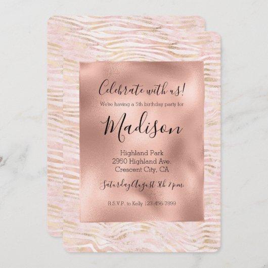 赤面ピンクグラム金ゴールドゼブラプリント 招待状 (正面/裏面)