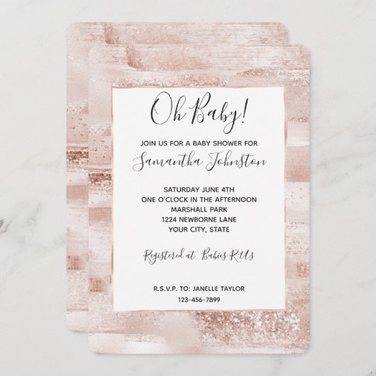 赤面ピンクグリジーグリッタースパークルベビーシャワー 招待状 (正面/裏面)