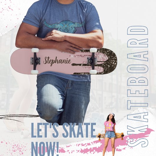 赤面ピンクグリッターガーリースパークルパーソナライズされた名 スケートボード