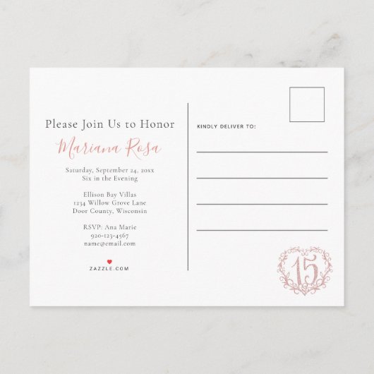 赤面ピンクグリッターキンセアニラ15クラウン招待状 インビテーションポストカード (裏面)