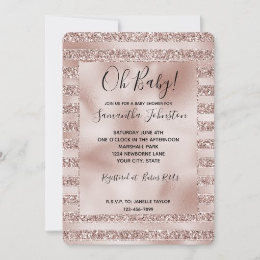赤面ピンクグリッターグラムストライプズ赤ちゃんシャワー 招待状 (正面)
