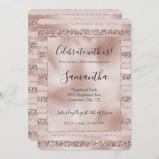 赤面ピンクグリッターグラムストライプズ 招待状 (正面/裏面)