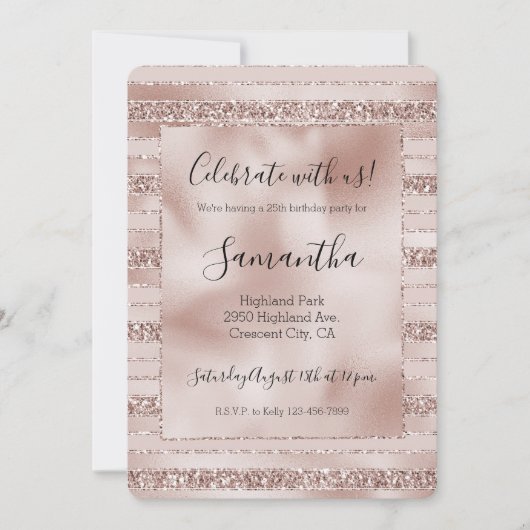赤面ピンクグリッターグラムストライプズ 招待状 (正面)