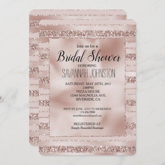 赤面ピンクグリッターグラムストライプブライダルシャワー 招待状 (正面/裏面)