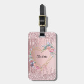 赤面ピンクグリッタードリップスフローラモノグラム名 ラゲッジタグ (正面縦)
