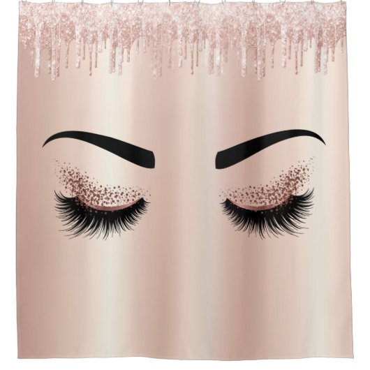 赤面ピンクグリッタードリップズアイブラッシュバラ金ゴールド シャワーカーテン (正面)