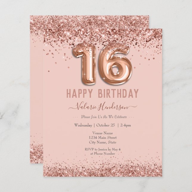 赤面ピンクグリッターハッピー16誕生日 (正面/裏面)
