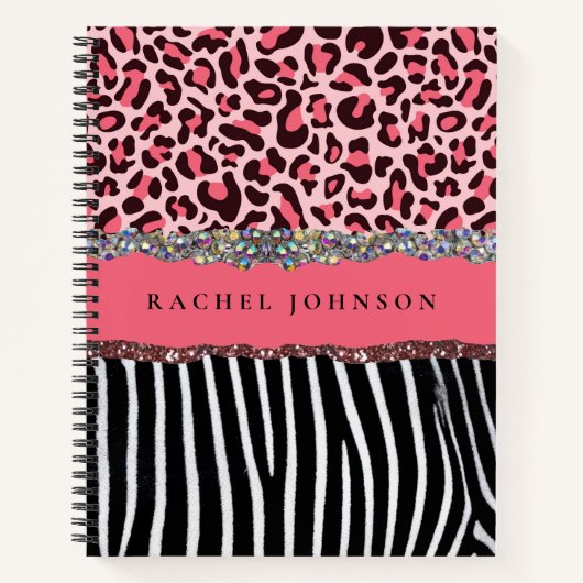 赤面ピンクグリッターヒョウ印刷の日記スパイラル ノートブック (正面)