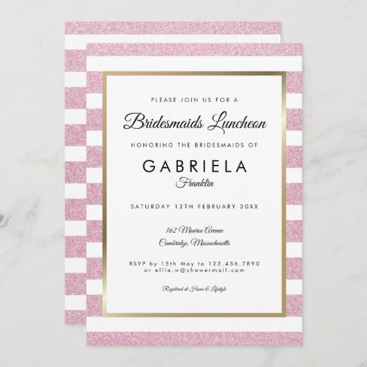 赤面ピンクグリッターブストライプライデスメイドランチョン 招待状 (正面/裏面)