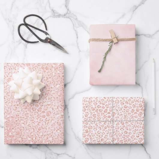 赤面ピンクグリッターホワイトレオパードプリント      ラッピングペーパーシート (正面)