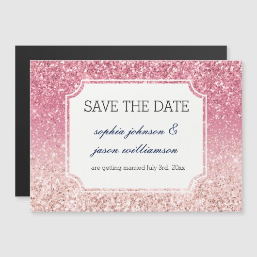 赤面ピンクグリッター保存日付 マグネット招待状 (正面/裏面)