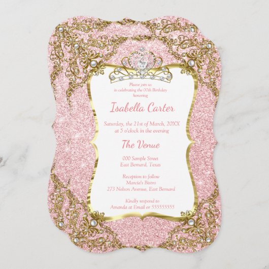 赤面ピンクグリッター誕生日パーティー金ゴールドホワイトティアラ 招待状 (正面/裏面)