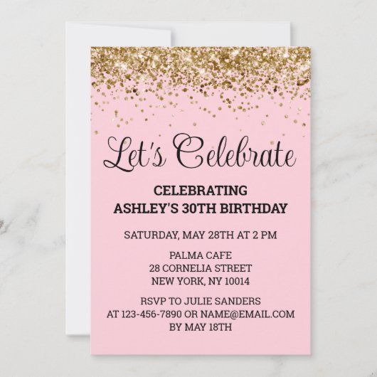 赤面ピンクグリッター30歳の誕生日レッツ祝ー 招待状 (正面)