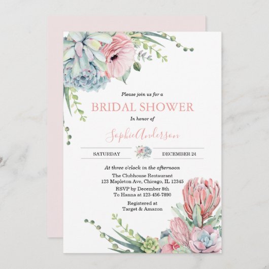 赤面ピンクグリーナリーサボテン多肉性ブライダルシャワー 招待状 (正面/裏面)