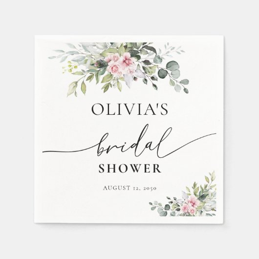 赤面ピンクグリーナリーブライダルシャワーナプキンス スタンダードカクテルナプキン (正面)