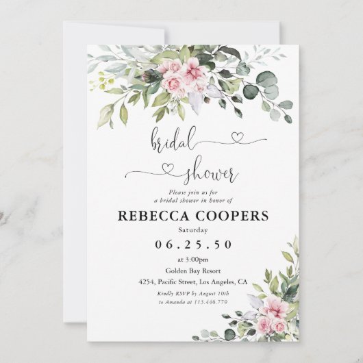 赤面ピンクグリーナリーブライダルシャワー招待 招待状 (正面)