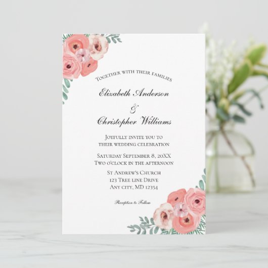 赤面ピンクグリーンウォーター色フローラエレガントな結婚式 招待状 (スタンド正面)